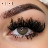 Daboujiebar FILLED strip lashes are full, defined, and wispy with a dark lash line and feathered ends for a dimensional look.
