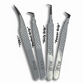 Daboujiebar Pretty Girls Luv Jesus lash tweezers set. Includes 4 precision tools for isolation and fanning. Silver metal with textured grip.