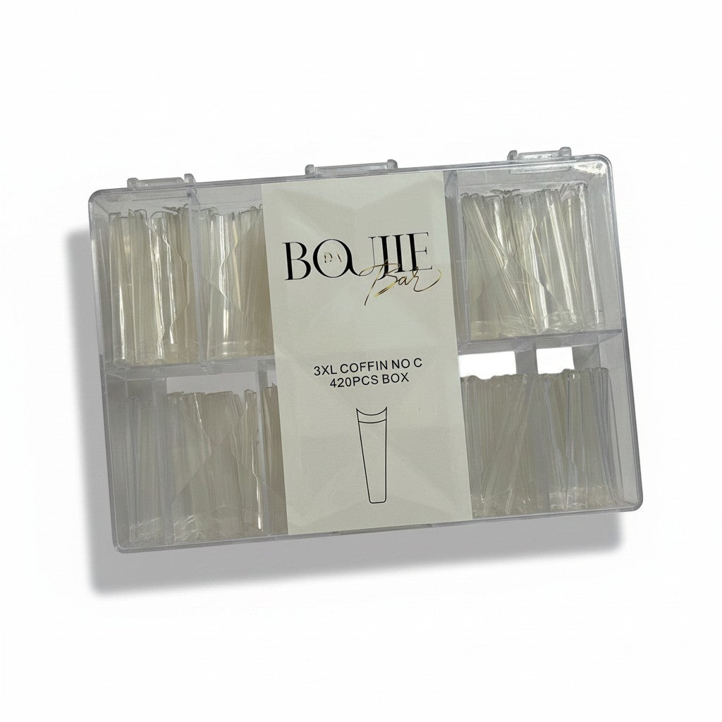 Daboujiebar 3XL coffin-shaped clear acrylic nail tips, 420 pieces per box, for extra-long manicures.