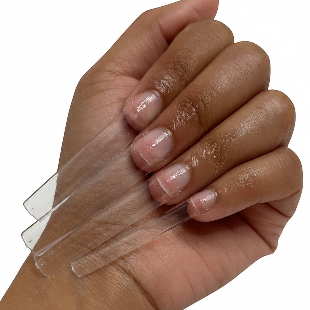 Daboujiebar 3XL coffin and square clear acrylic nail tips for maximum length and flawless structure.