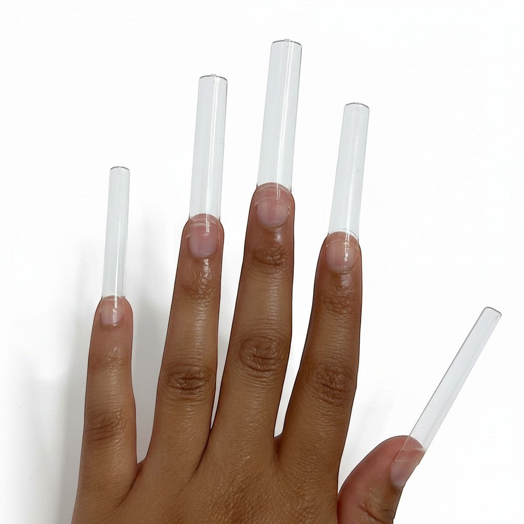 Daboujiebar clear extra-long coffin and square 3XL nail tips for acrylic and gel nail extensions.