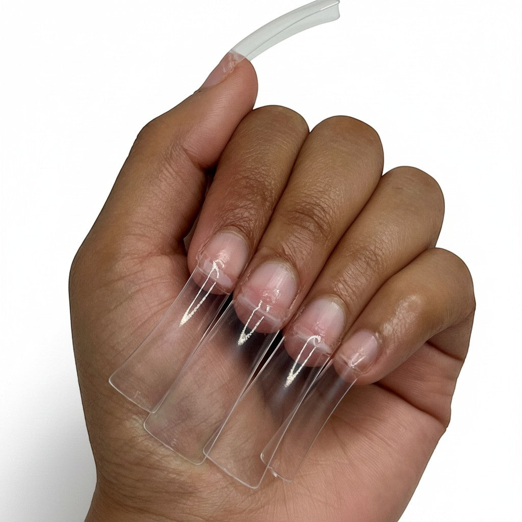 Daboujiebar Duck Tips clear acrylic nail extensions, flared shape for bold creativity. Long size shown.