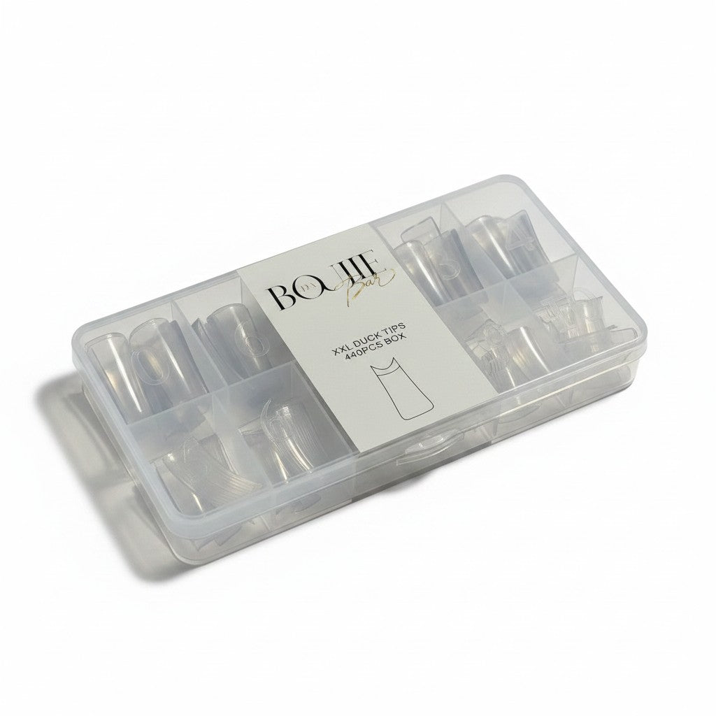 Daboujiebar XXL Duck Tips nail extensions, 440 pieces in a clear storage box. Flared shape for bold creativity.