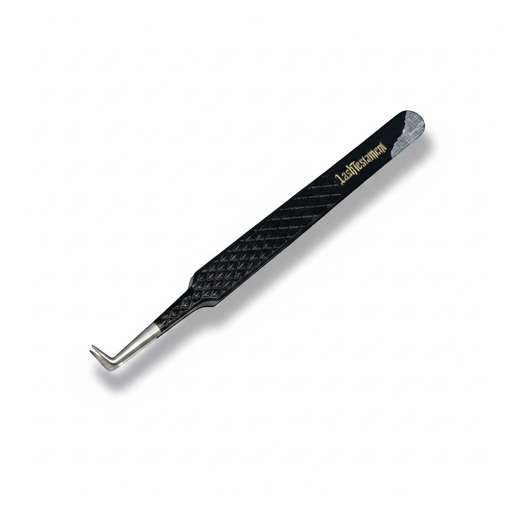 Daboujiebar black textured fiber grip tweezers with a curved tip, ideal for isolation and fanning.