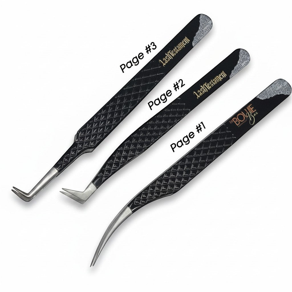 Daboujiebar Lash Testament Fiber Grip Tweezers set with unique Bible page tear design. Includes straight, 45-degree angled, and curved tip tweezers.