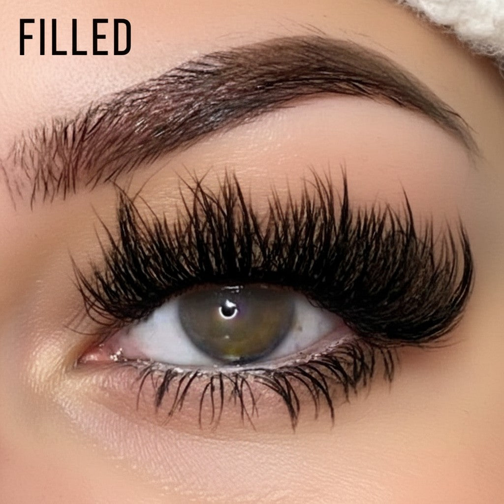 Daboujiebar FILLED strip lashes are full, defined, and wispy with a dark lash line and feathered ends for a dimensional look.