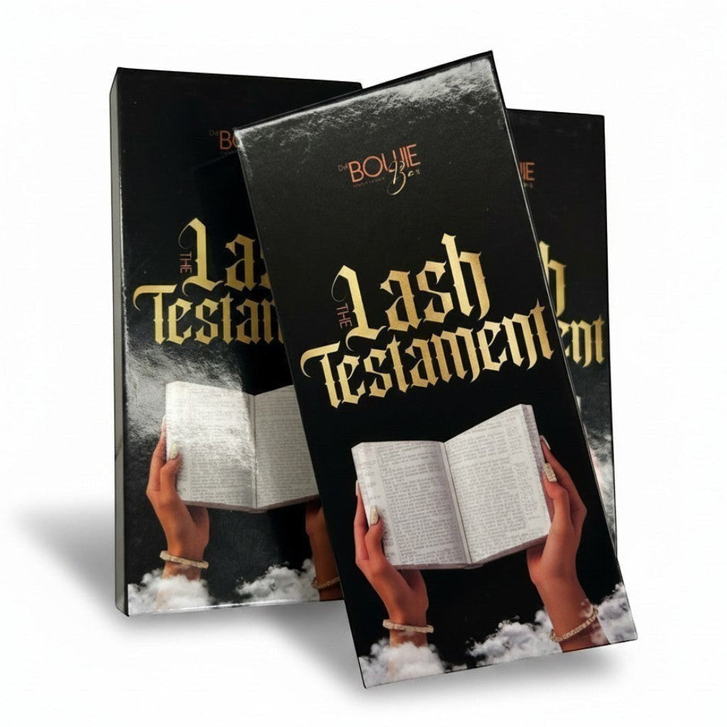 Daboujiebar The Lash Testament CC Curl lash trays with a soft, natural lift. Black packaging with gold lettering.