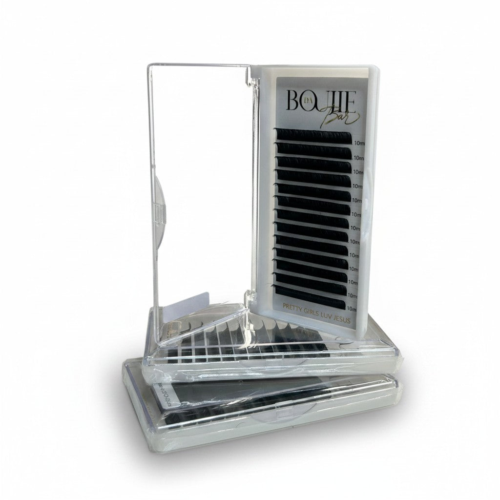 Daboujiebar Pretty Girls Luv Jesus lash trays, black .05 D curl lashes for easy fan building. Beginner-friendly.