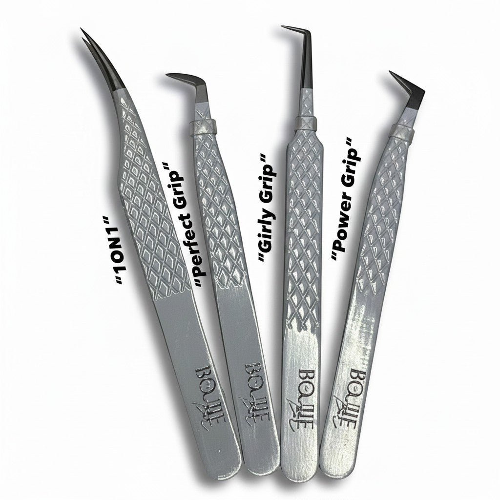 Daboujiebar Pretty Girls Luv Jesus lash tweezers set. Includes 4 precision tools for isolation and fanning. Silver metal with textured grip.