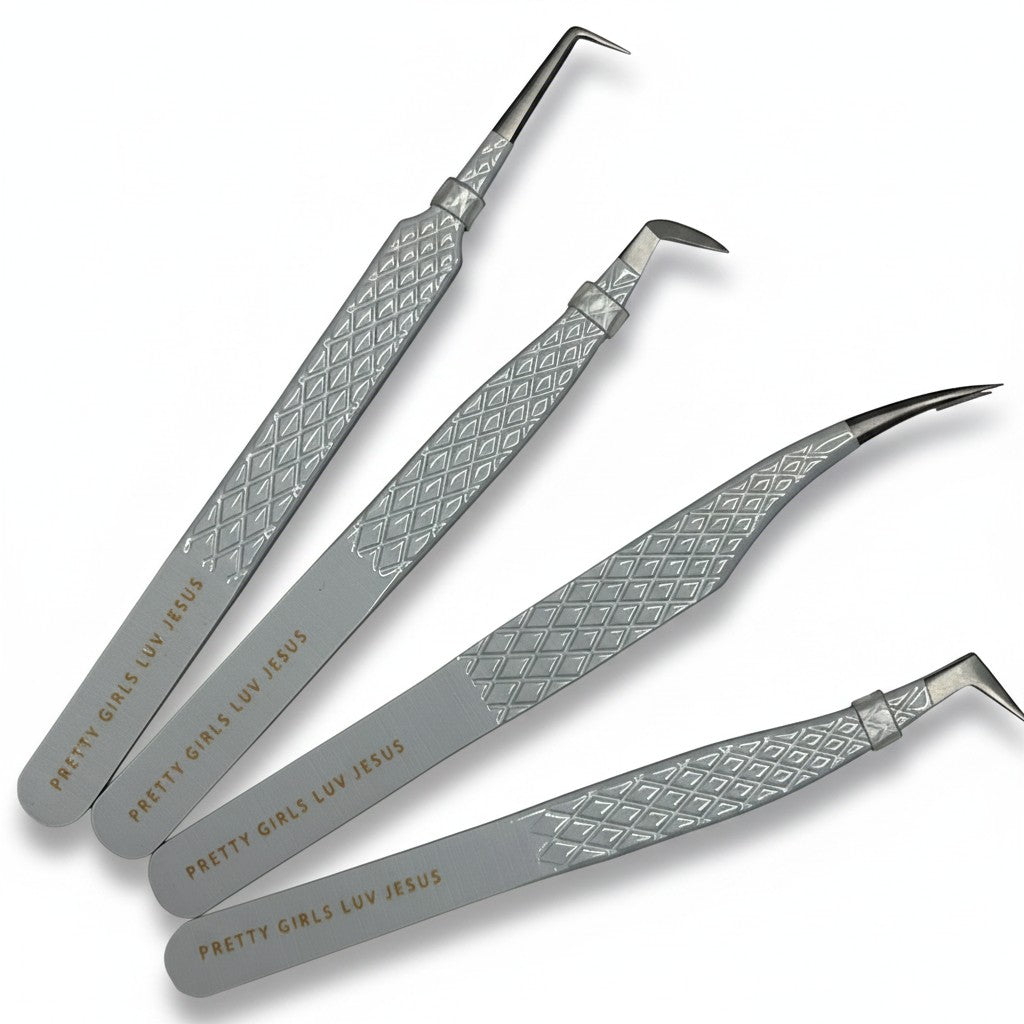 Daboujiebar Pretty Girls Luv Jesus lash tweezers set in white with diamond grip texture and gold lettering. Includes 4 precision tools for isolation and fanning.