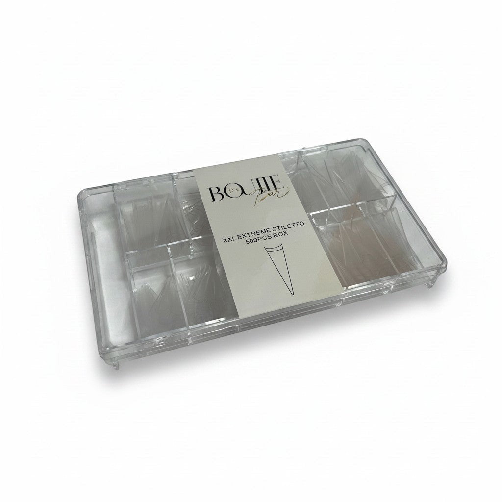 Daboujiebar XXL Extreme Stiletto nail tips in a clear plastic case, 500 pieces.