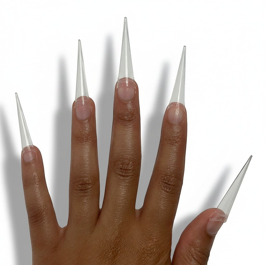 Daboujiebar clear stiletto nail tips, 500pcs. Fierce and elegant design for sharp nail art.